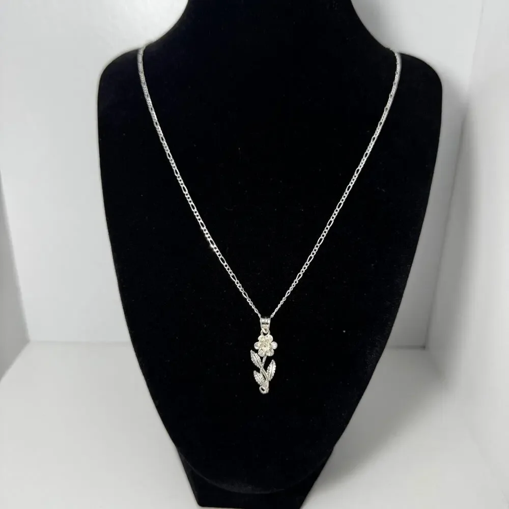 Sterling Silver Flower Pendant Necklace 20 Inch Figaro Chain 925 Italy